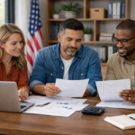 Three diverse business owners in a modern California office reviewing small business grants documents with laptops