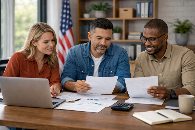 Three diverse business owners in a modern California office reviewing small business grants documents with laptops