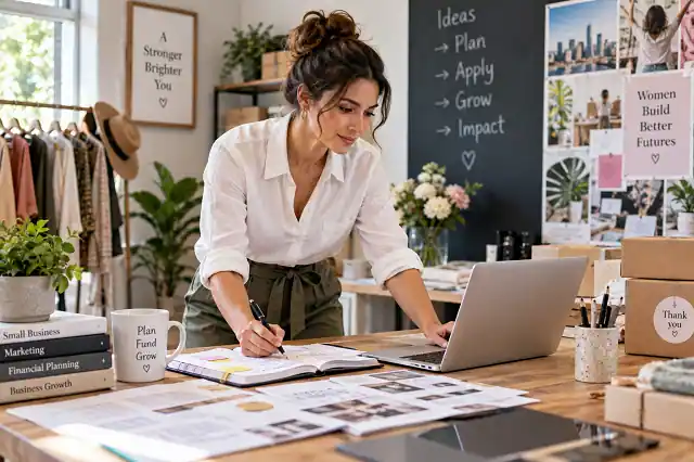 Woman entrepreneur researching small business grant funding