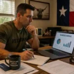 Veteran planning a small business startup from a Texas home office with funding documents