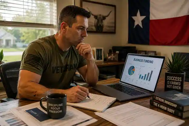 Veteran planning a small business startup from a Texas home office with funding documents