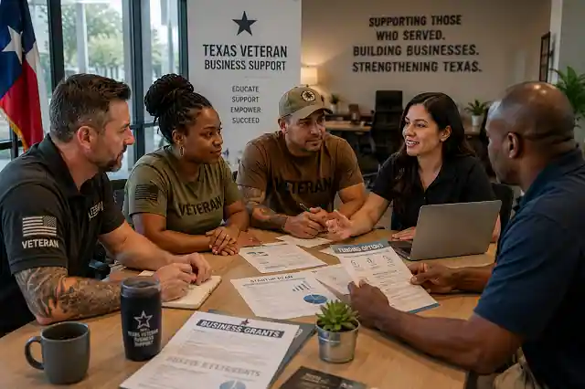 Military veterans discussing small business funding with an advisor in Texas