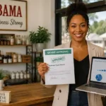 Alabama woman entrepreneur reviewing small business grant approval documents