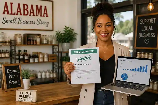 Alabama woman entrepreneur reviewing small business grant approval documents
