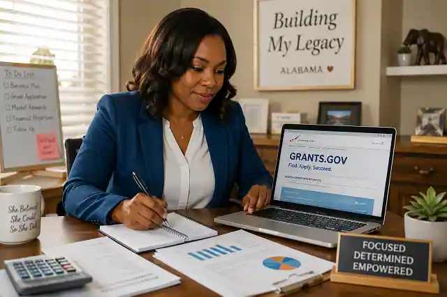A Woman entrepreneur in Alabama applying for small business grants online