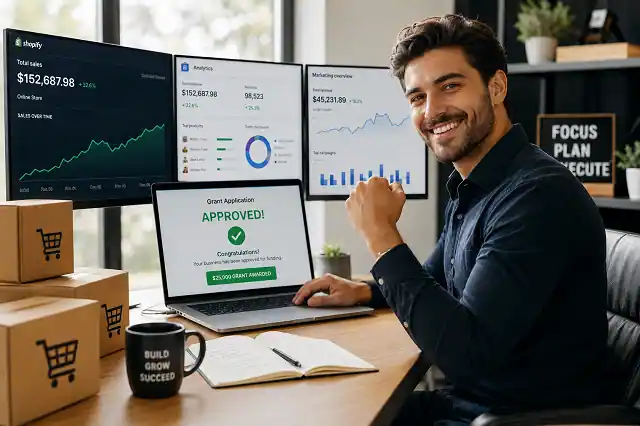 Entrepreneur managing a successful e-commerce business after receiving business grant funding