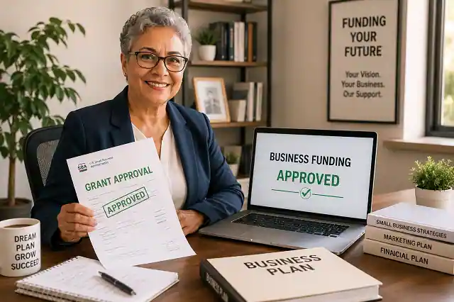 Senior entrepreneur reviewing approved small business grants documents