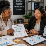 Woman entrepreneur and minority business owner discussing Business Expansion funding with advisor in professional office