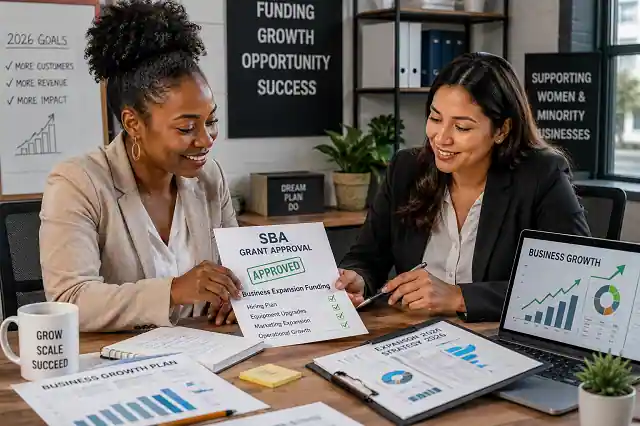 Woman entrepreneur and minority business owner discussing Business Expansion funding with advisor in professional office