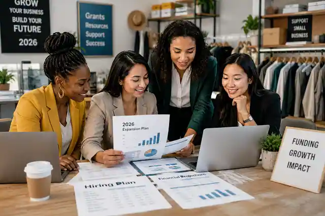 Women and minority entrepreneurs reviewing Business Expansion grant paperwork and growth plans in a modern office workspace