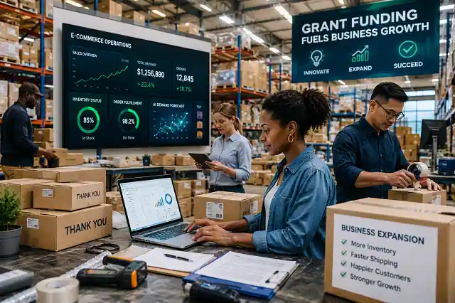 E-commerce business owners using grant funding to expand inventory fulfillment and online operations