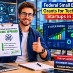 Technology startup founder reviewing approved federal small business grant funding in a modern tech office