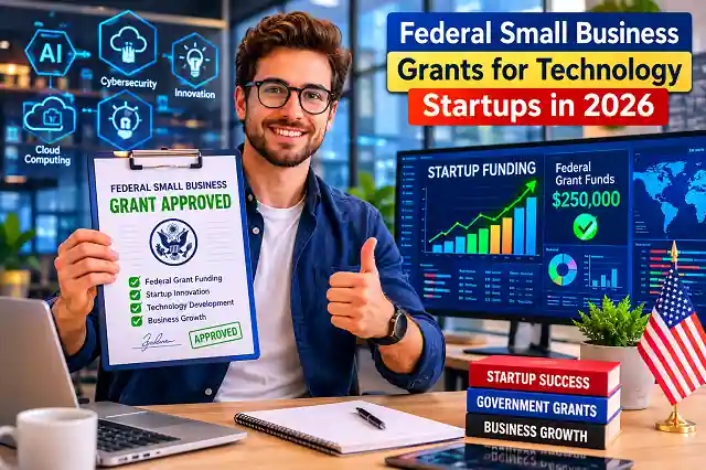 Technology startup founder reviewing approved federal small business grant funding in a modern tech office