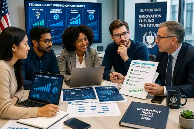 Technology startup founders reviewing federal grant applications with a business advisor